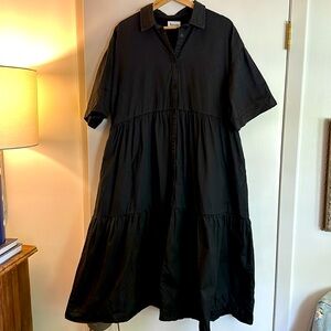 Tiered button-front shirt dress in black.